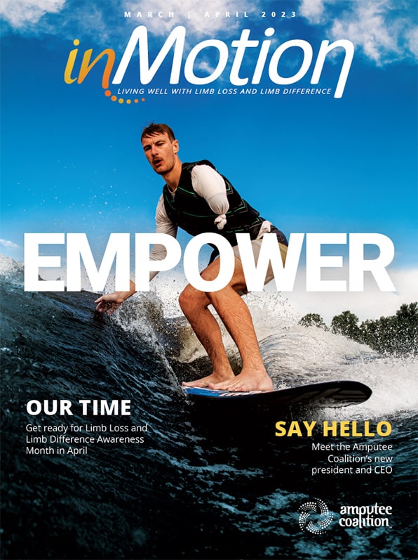 inMotion cover image featuring amputee surfer and the word EMPOWER.