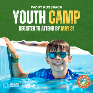 Youth Camp graphic featuring a young boy in a pool wearing blue sunglasses